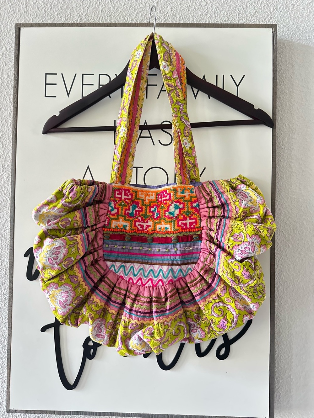 Others Follow Pink and Lime Embroidered Ruffled Shoulder Bag